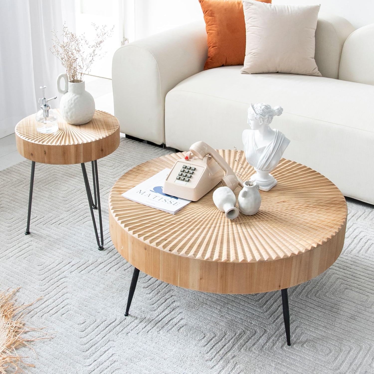 Two-Piece Modern Farmhouse Living Room Coffee Table Set Round Nesting Tables