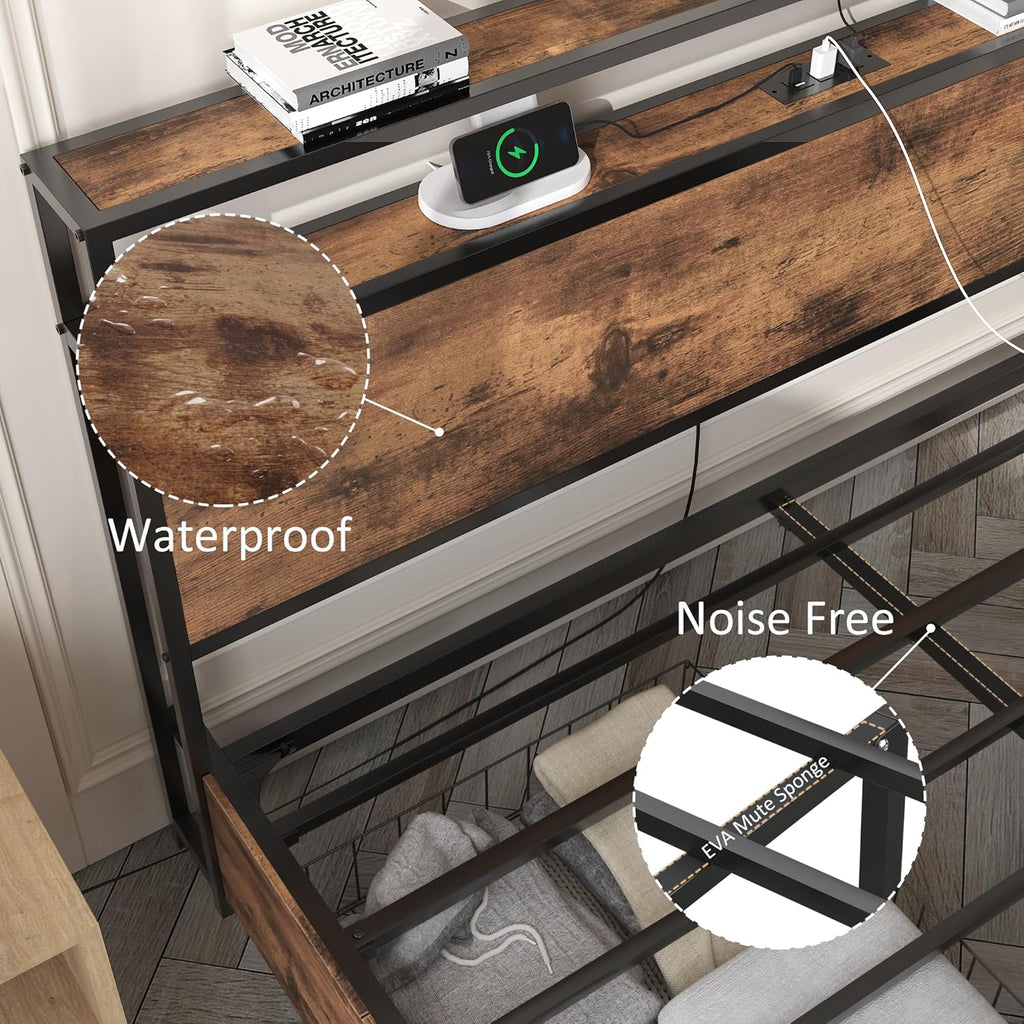 Lifezone Queen Bed Frame with 2-Tier Storage Headboard, Metal Platform Bed Frame with 4 Storage Drawers, Built in Charging Station & LED, Noise-Free/Metal Support/No Box Spring Needed