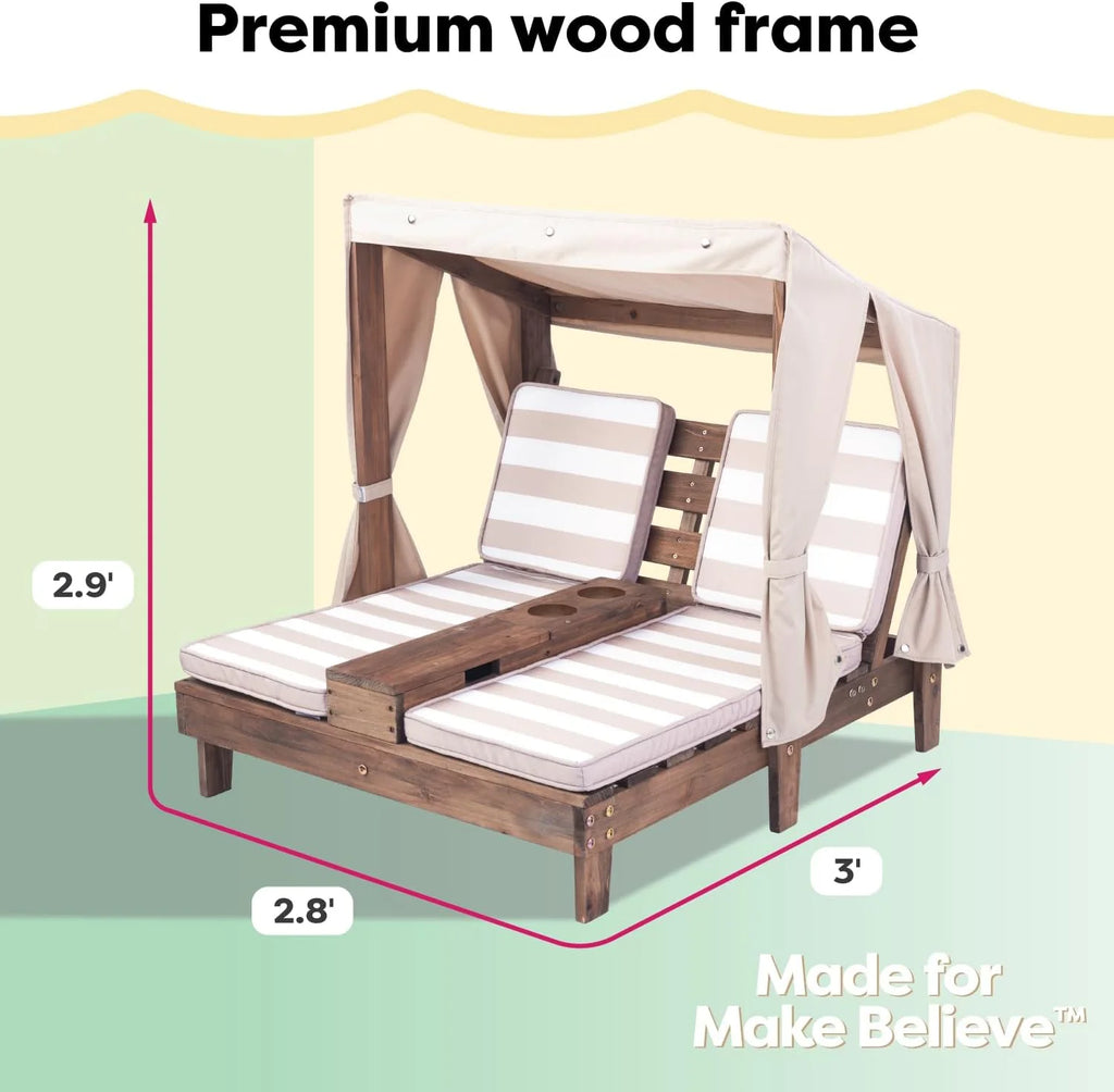 KidKraft Wooden Outdoor Double Chaise Lounge with Cup Holders, Kid's Patio Furniture, Honey with Navy and White Striped Fabric, Gift for Ages 3-8