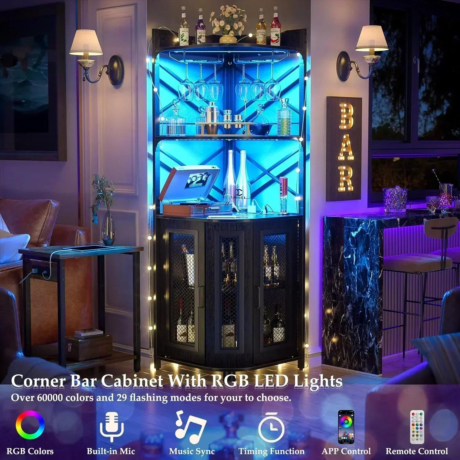 Corner bar cabinet with power socket industrial style wine cabinet light strip and glass rack