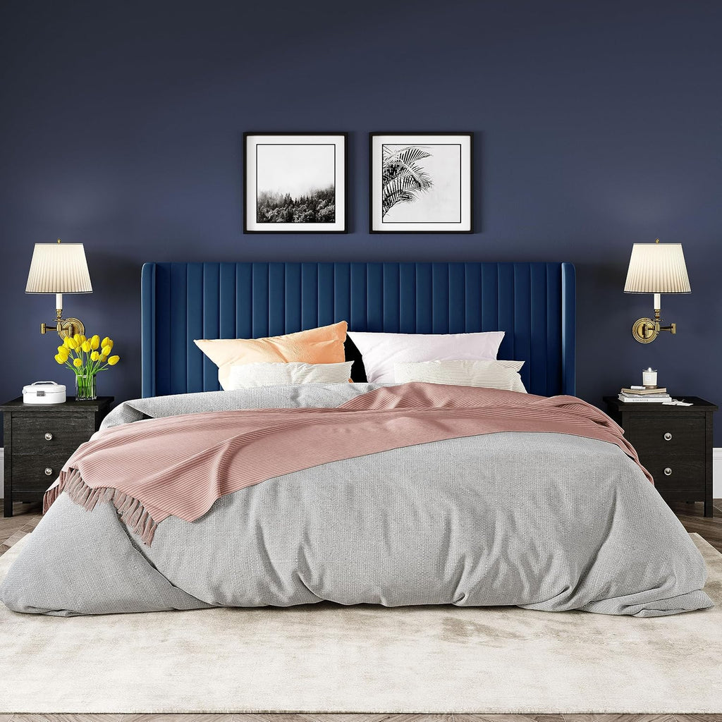 Allewie Full Size Velvet Bed Frame Vertical Channel Tufted Wingback Headboard Upholstered Bed