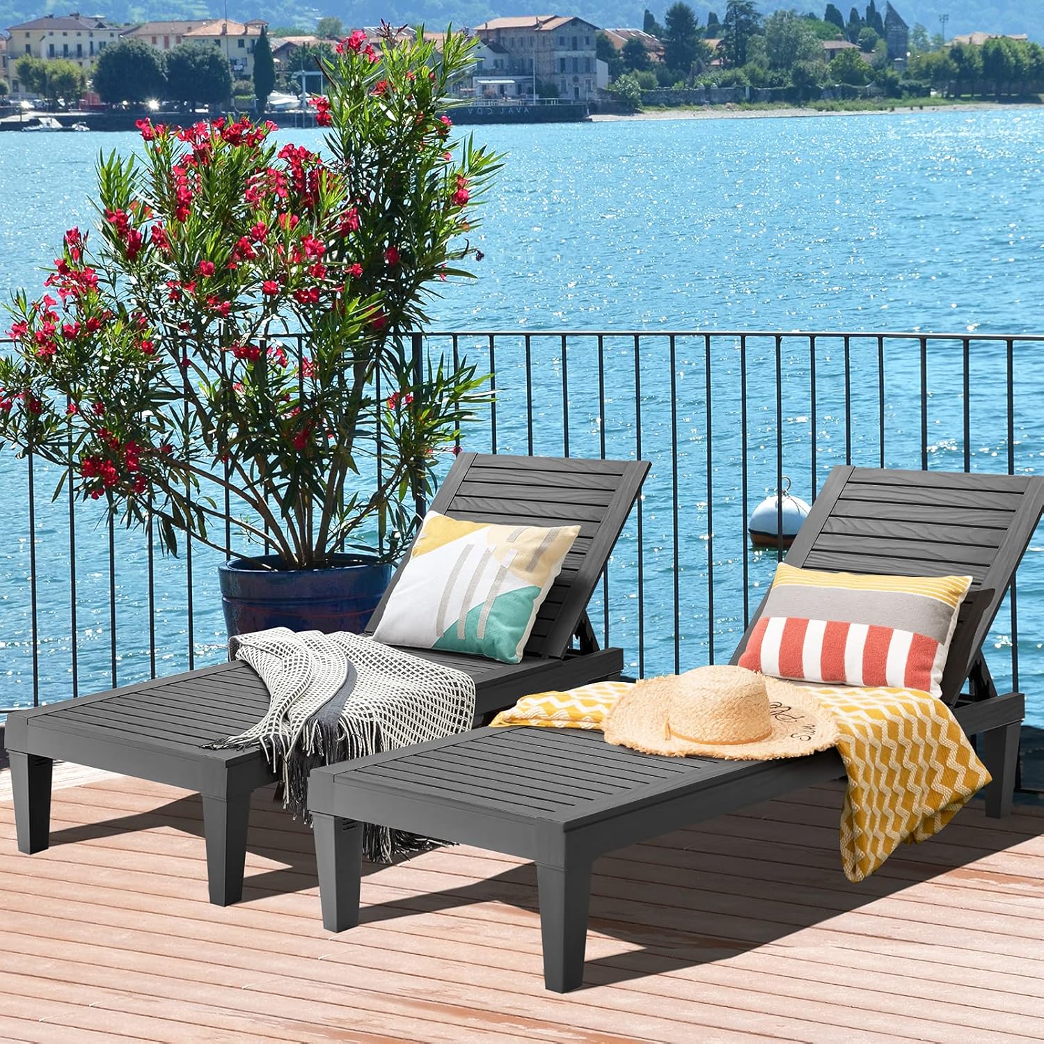 Outdoor Chaise Lounge Chair, Lightweight Patio Lounge Recliner Chair with Adjustable Backrest, 5 Reclining Positions Chaise Lounger for Patio, Beach, Balcony, Poolside, Backyard (1, Black)