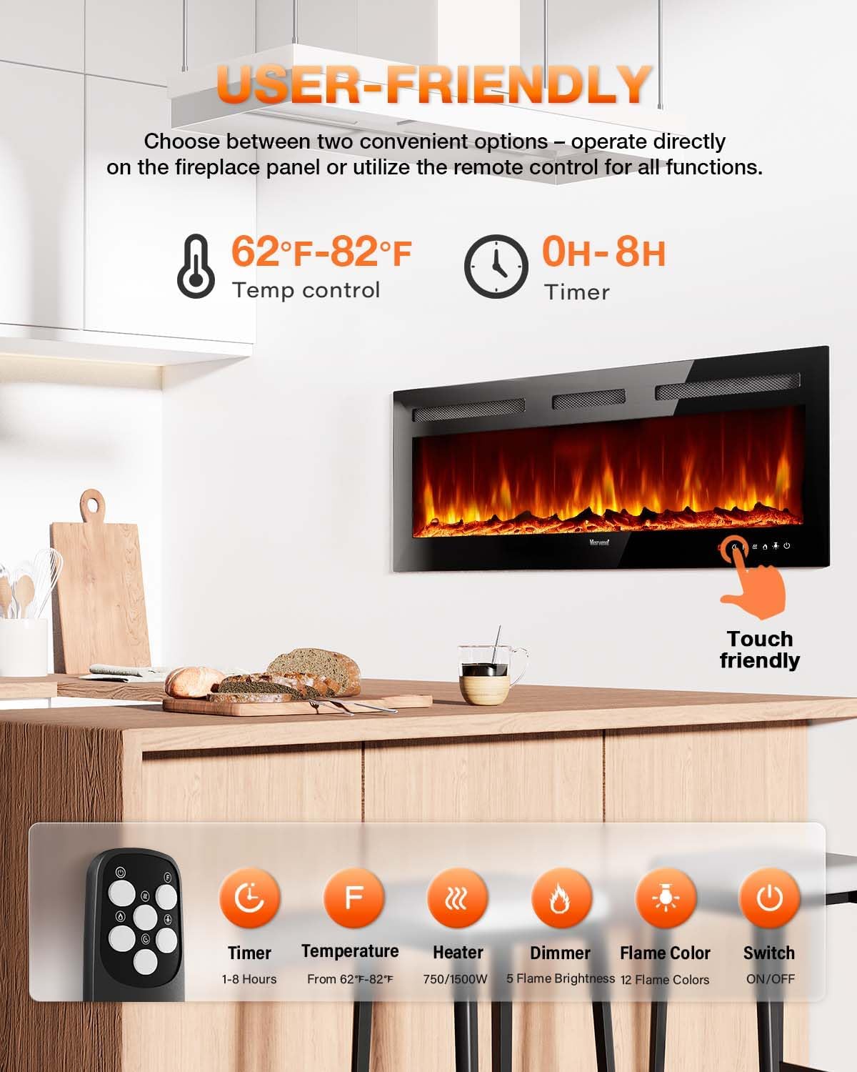 Electric Fireplace 60Inch,Wall Mounted Electric Fireplace Heater with Timer Inserts��TV Stand Touch Screen and Realistic Flame,Log Set,Crystal Flames 750 to 1500W��Remote for Living Room