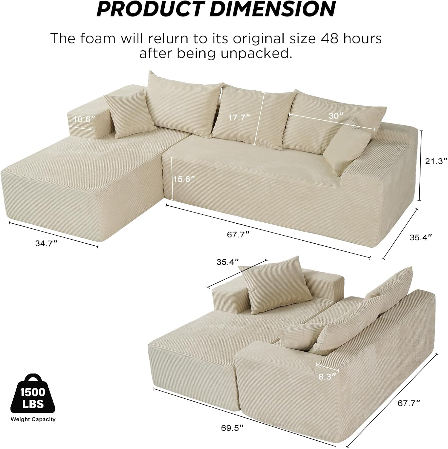 Cloud sofa with L-shaped lounge chair modern modular sofa with deep seats