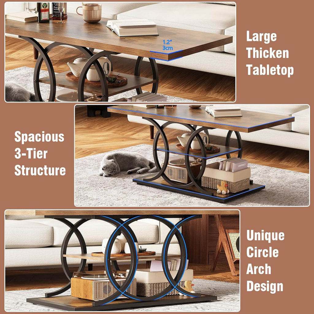 GiftGo Rustic Style Coffee Table Storage Industrial Style Three Tier Centerpiece Living Room Table