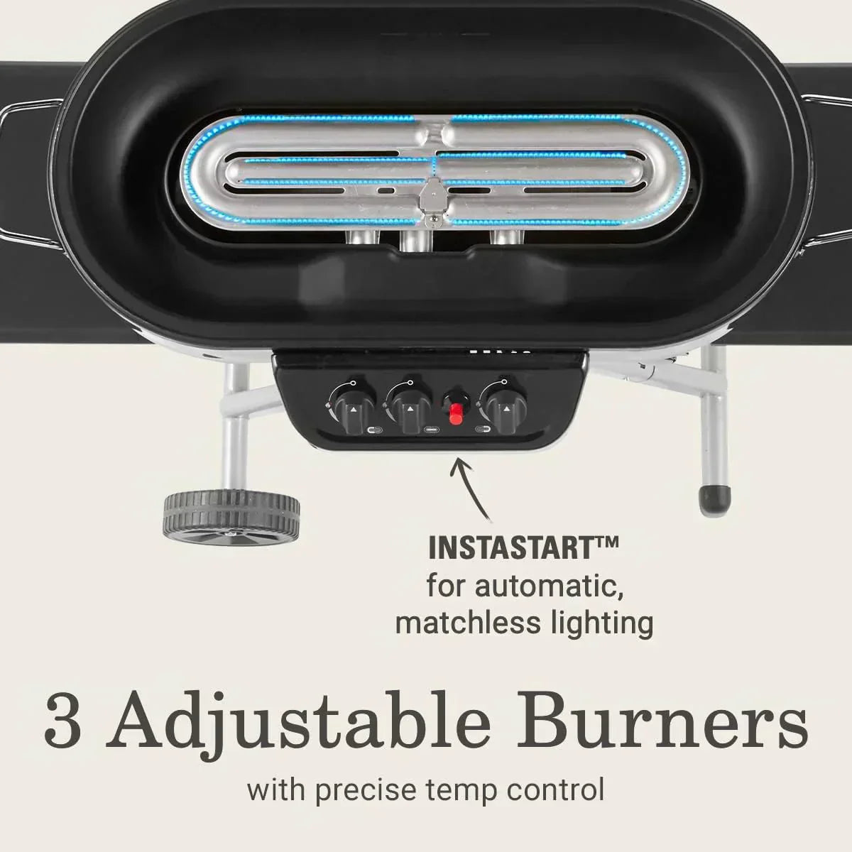 RoadTrip 285 Portable Stand-Up Propane Grill with 3 Adjustable Burners Instastart Ignition 20,000 BTUs