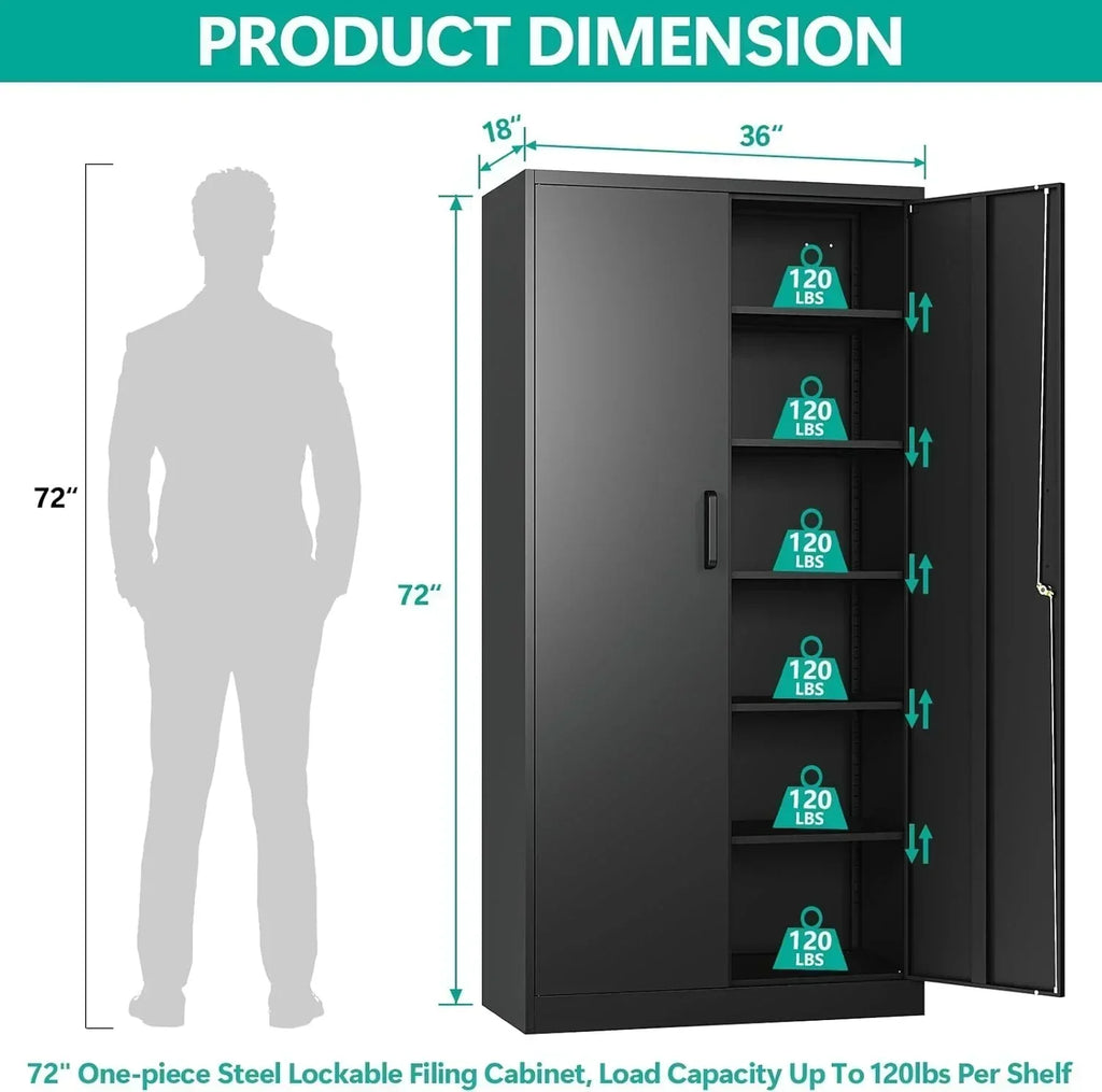 Metal Storage Cabinet with 2 Doors and 6 Shelves Black Metal Cabinet Garage Storage Cabinet