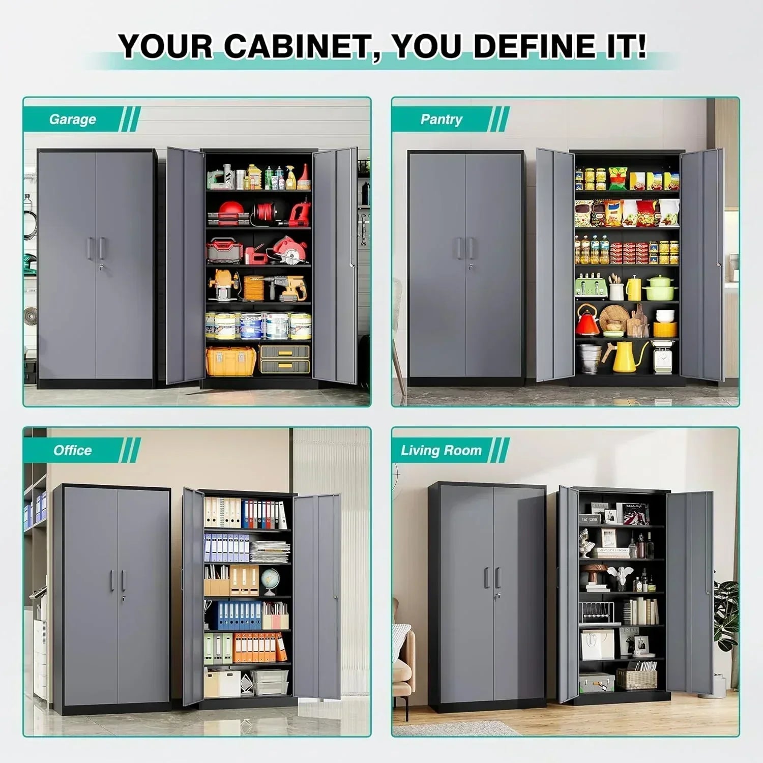 Metal Storage Cabinet with 2 Doors and 6 Shelves Black Metal Cabinet Garage Storage Cabinet