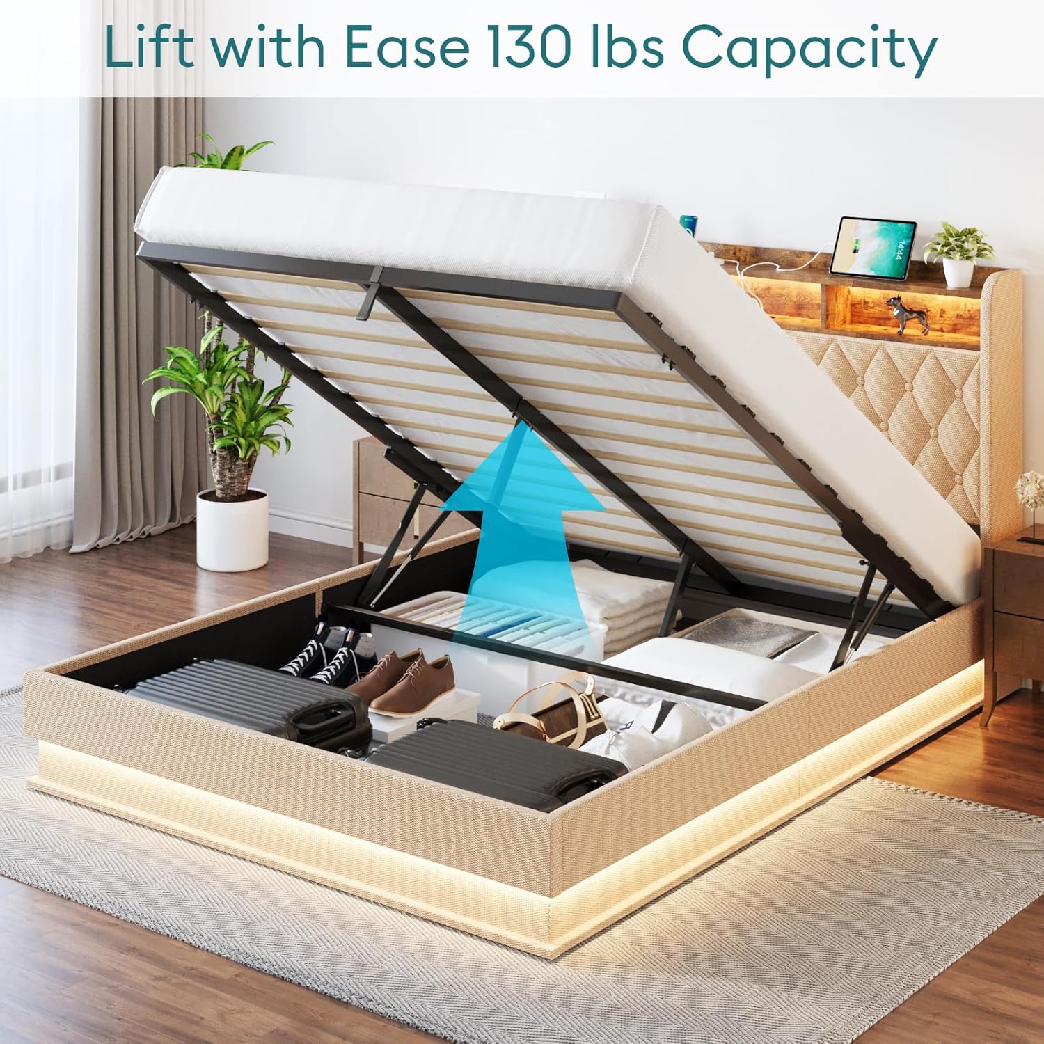 Queen Bed Frame with Storage Lift Up Queen Size Bed Frame Headboard Upholstered Platform Bed