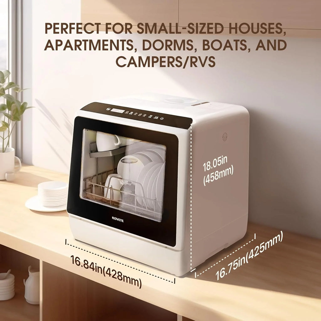 NOVETE Portable Countertop Dishwashers, Compact Dishwashers with 5 L Built-in Water Tank & Inlet Hose, 5 Washing Programs, Baby Care, Air-Dry Function and LED Light for Small Apartments
