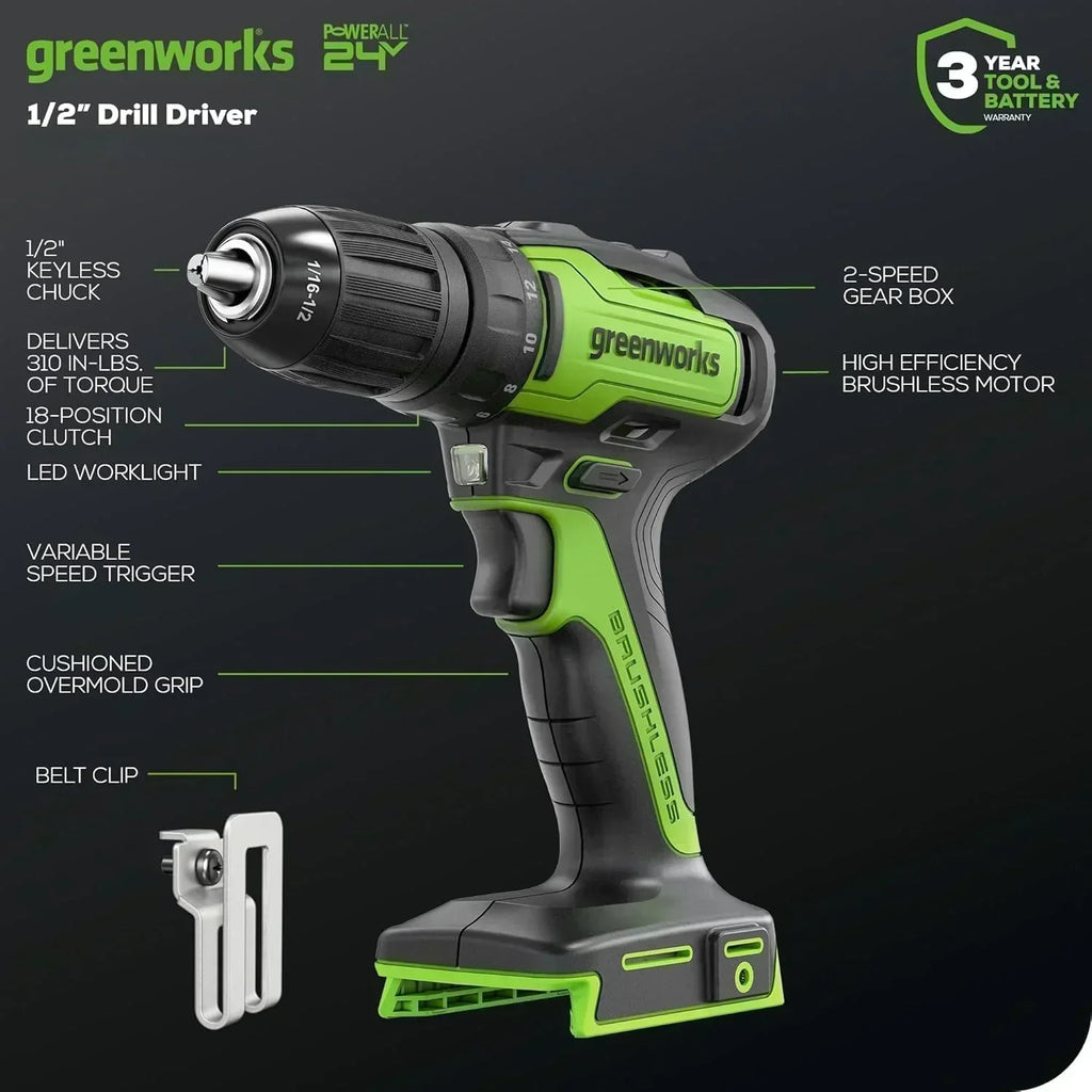 24V Brushless Cordless Drill Impact Driver Power Tool Combo Kit Included 1/2��Drill & 1/4��Hex
