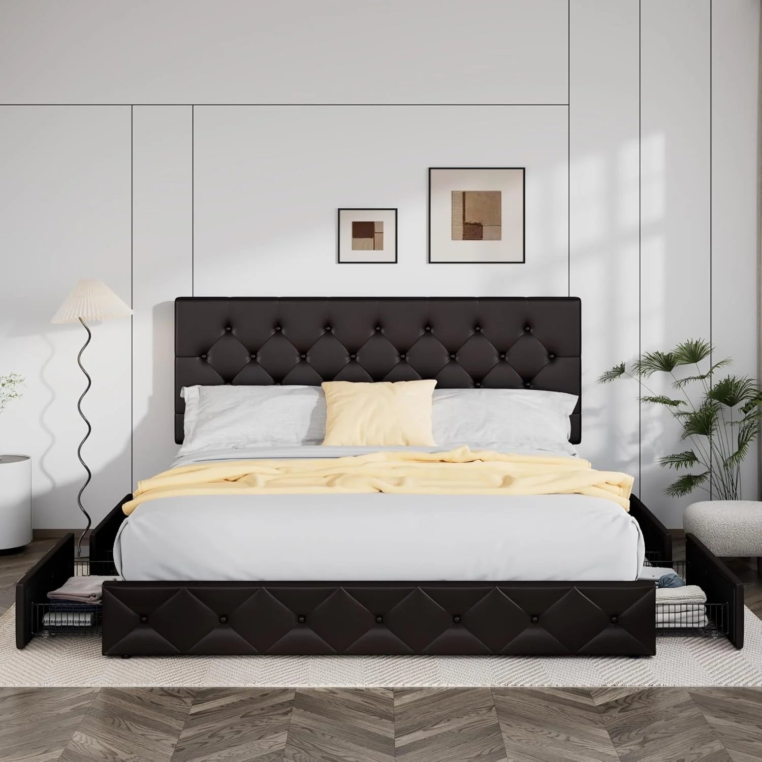 Allewie Upholstered Queen Size Platform Bed Frame with 4 Storage Drawers and Headboard