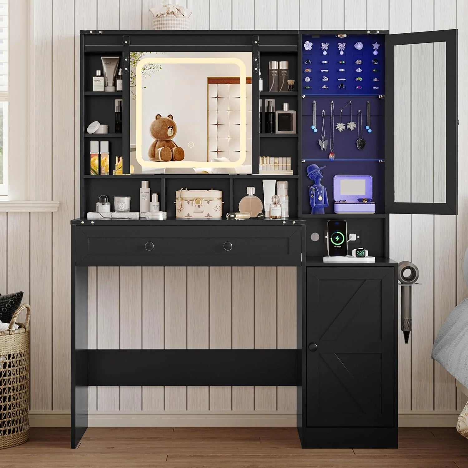 Vanity Desk with LED Lights Mirror & Power Outlet, Small Makeup Vanity Table Set