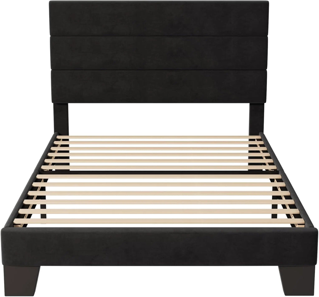 Allewie Queen Size Platform Bed Frame Fabric Upholstered Headboard Wooden Slats Support