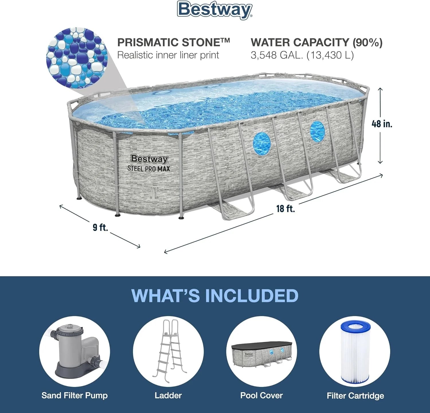 Power Steel Swim Vista Series II 14' x 8' 2 x 39.5 Above Ground Outdoor Swimming Pool Set with 530 GPH Filter Pump, Ladder, and Pool Cover