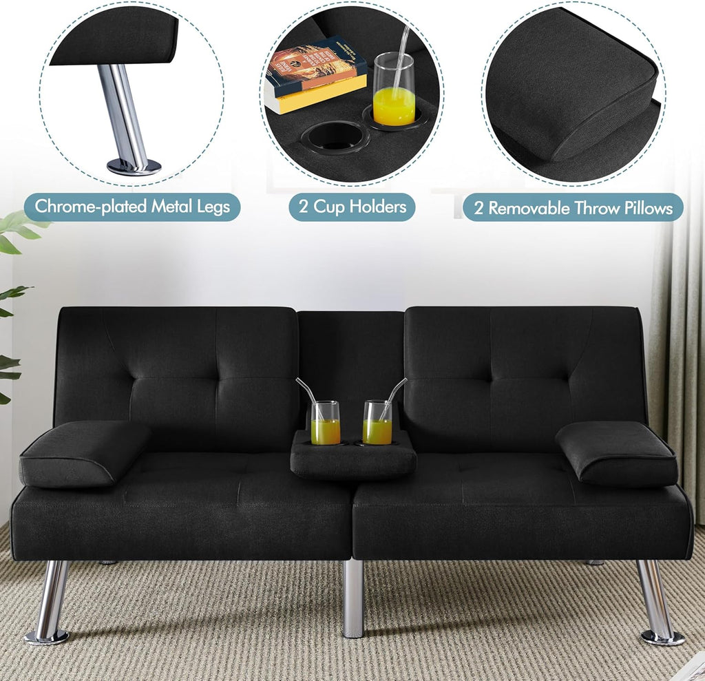 Yaheetech Convertible Sofa Bed Adjustable Couch Sleeper Modern Faux Leather Home Recliner Reversible Loveseat Folding Daybed Guest Bed, Removable Armrests, Cup Holders, 3 Angles, 772lb Capacity, Brown