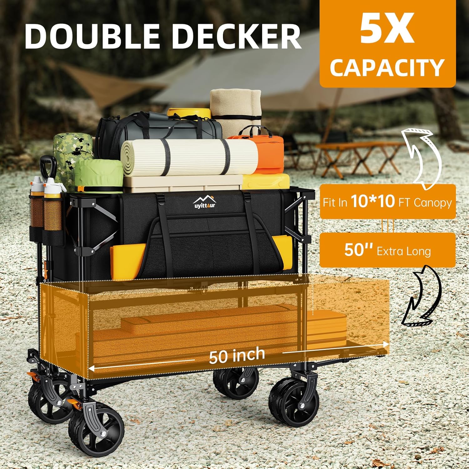 Foldable 50''L Extra Long Double Decker Wagon for Sport 400L Collapsible Heavy Duty Wagon Cart
