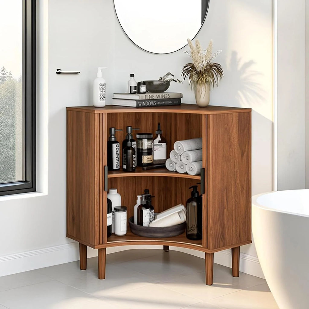 Fluted corner cabinet, small corner base cabinet modern wooden storage organizer