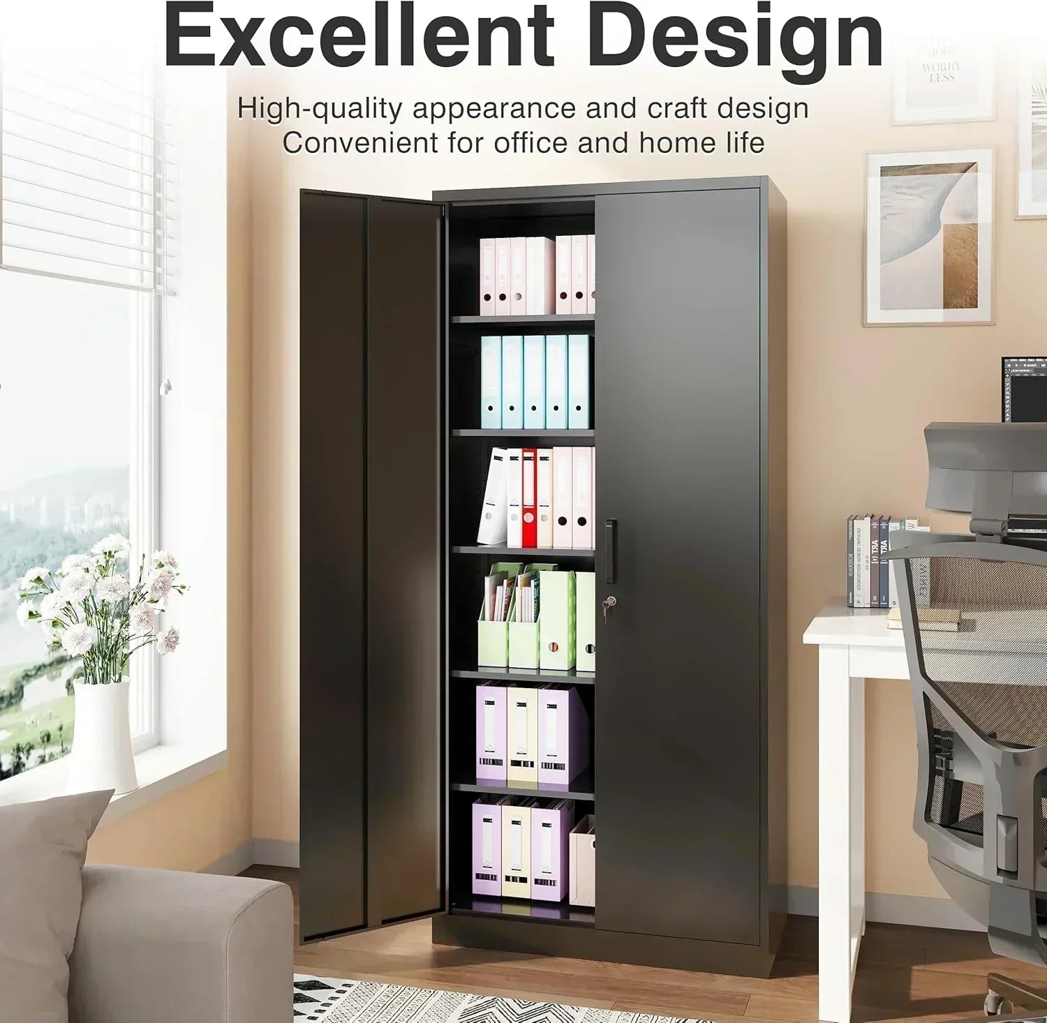 Metal Storage Cabinet with 2 Doors and 6 Shelves Black Metal Cabinet Garage Storage Cabinet