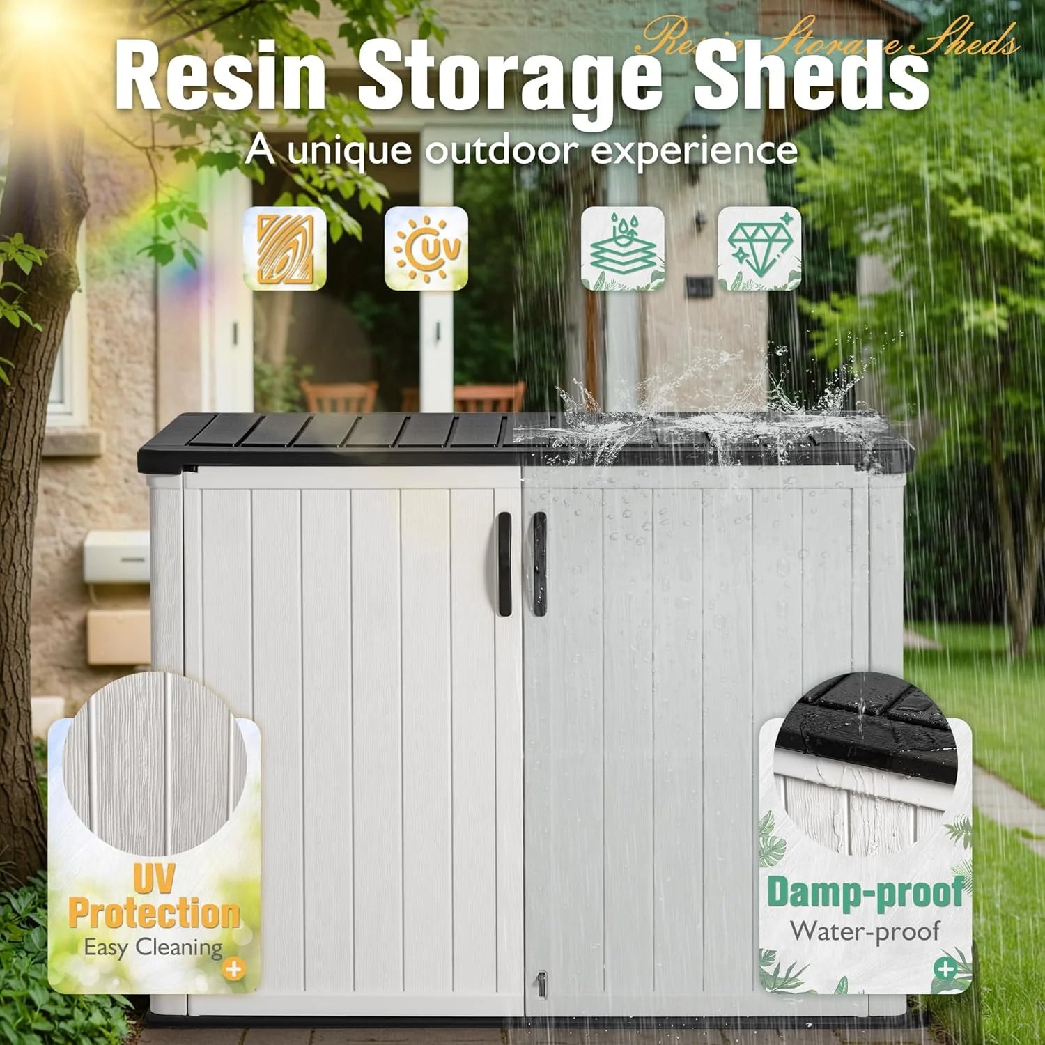 Greesum Outdoor Horizontal Storage Shed 27 Cu.ft Resin Large Storage Box for Garden Patio