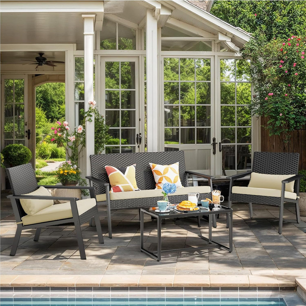 Ahomly 4-Piece Outdoor Wicker Patio Furniture Set with Deep Seating Cushions and Table for Balcony, Backyard, and Porch (Gray)