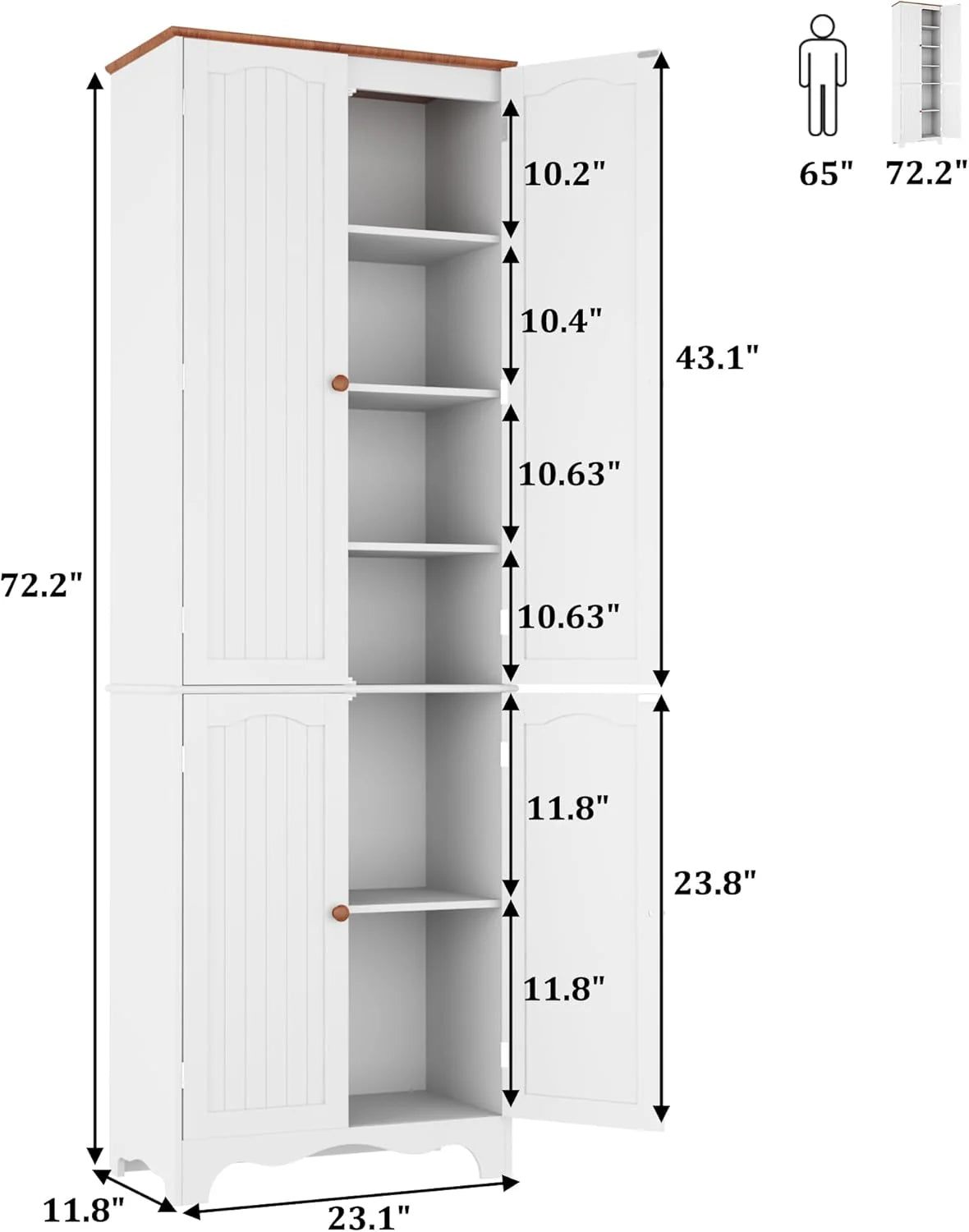 Tall Pantry Cabinet, Freestanding Storage Cabinet, Wooden Kitchen Pantry with 4 Doors and 5 Shelves, 72 Floor Cabinet Organizer