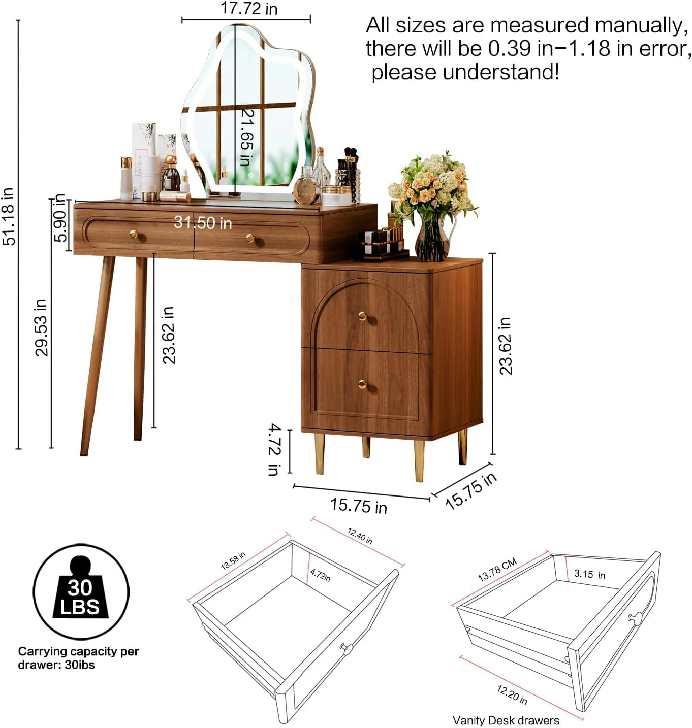 Walnut Stylish Corner Makeup Vanity Table，Vanity Desk with Lighted Mirror