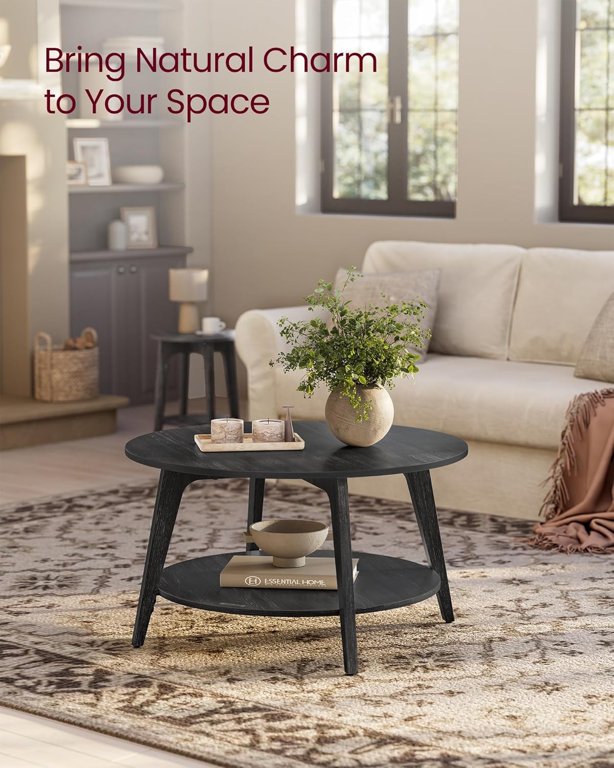 VASAGLE Round Coffee Table 2 Tier Coffee Table with Storage for Living Room 31.5 x 17.7 Inches