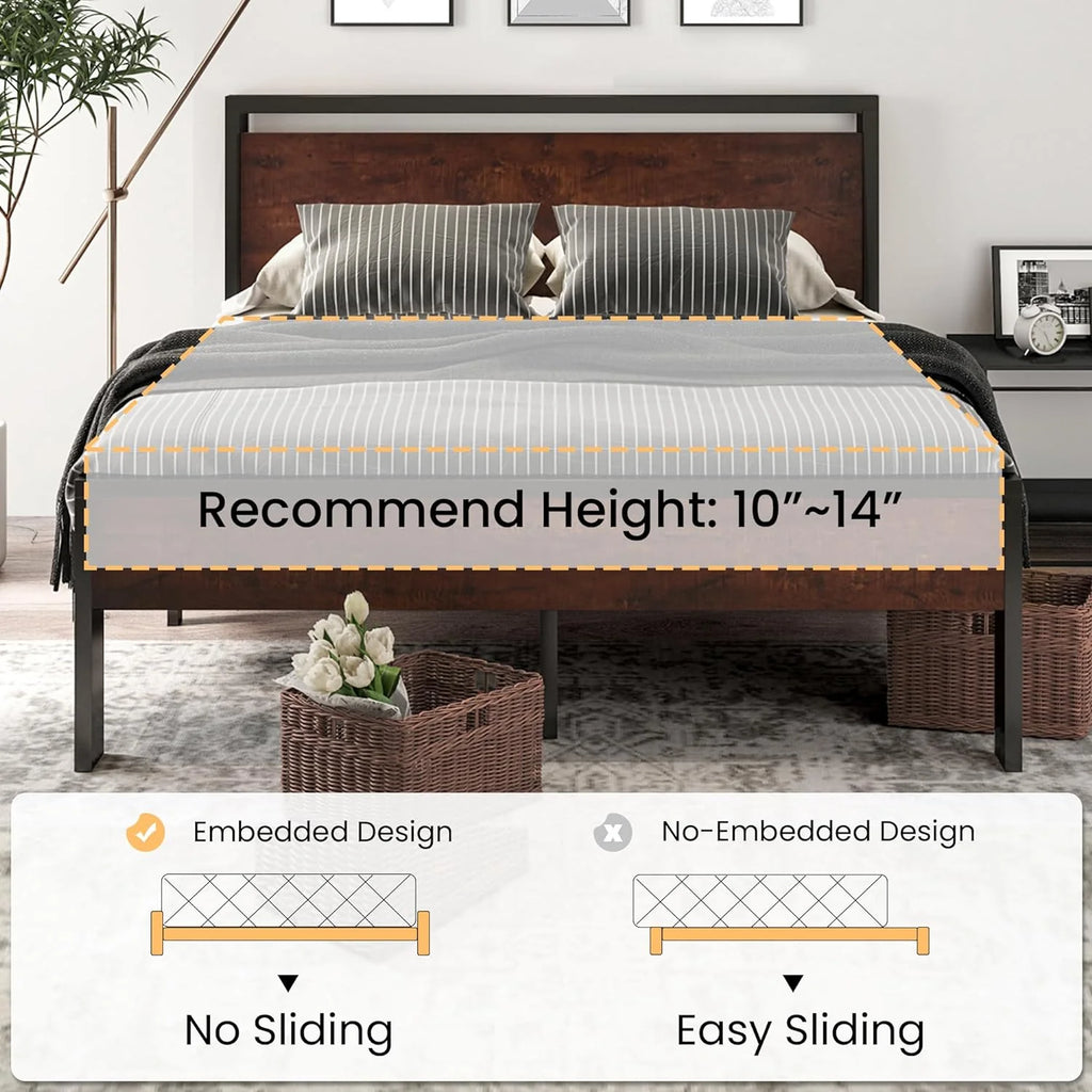 SHA CERLIN 14 Inch Queen Size Metal Platform Bed Frame with Wooden Headboard and Footboard