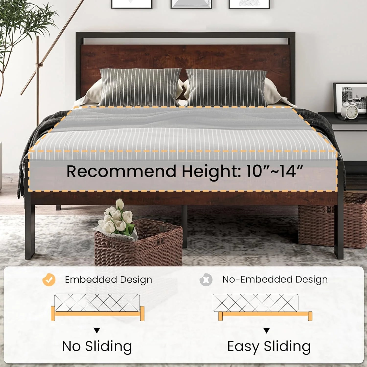 SHA CERLIN 14 Inch Queen Size Metal Platform Bed Frame with Wooden Headboard and Footboard