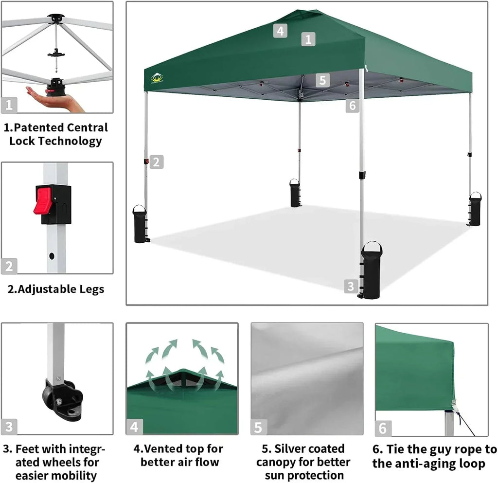 10x10 Pop-Up Awning One-Click Installation Beach Tent Outdoor Sunshade Silver Coated Top
