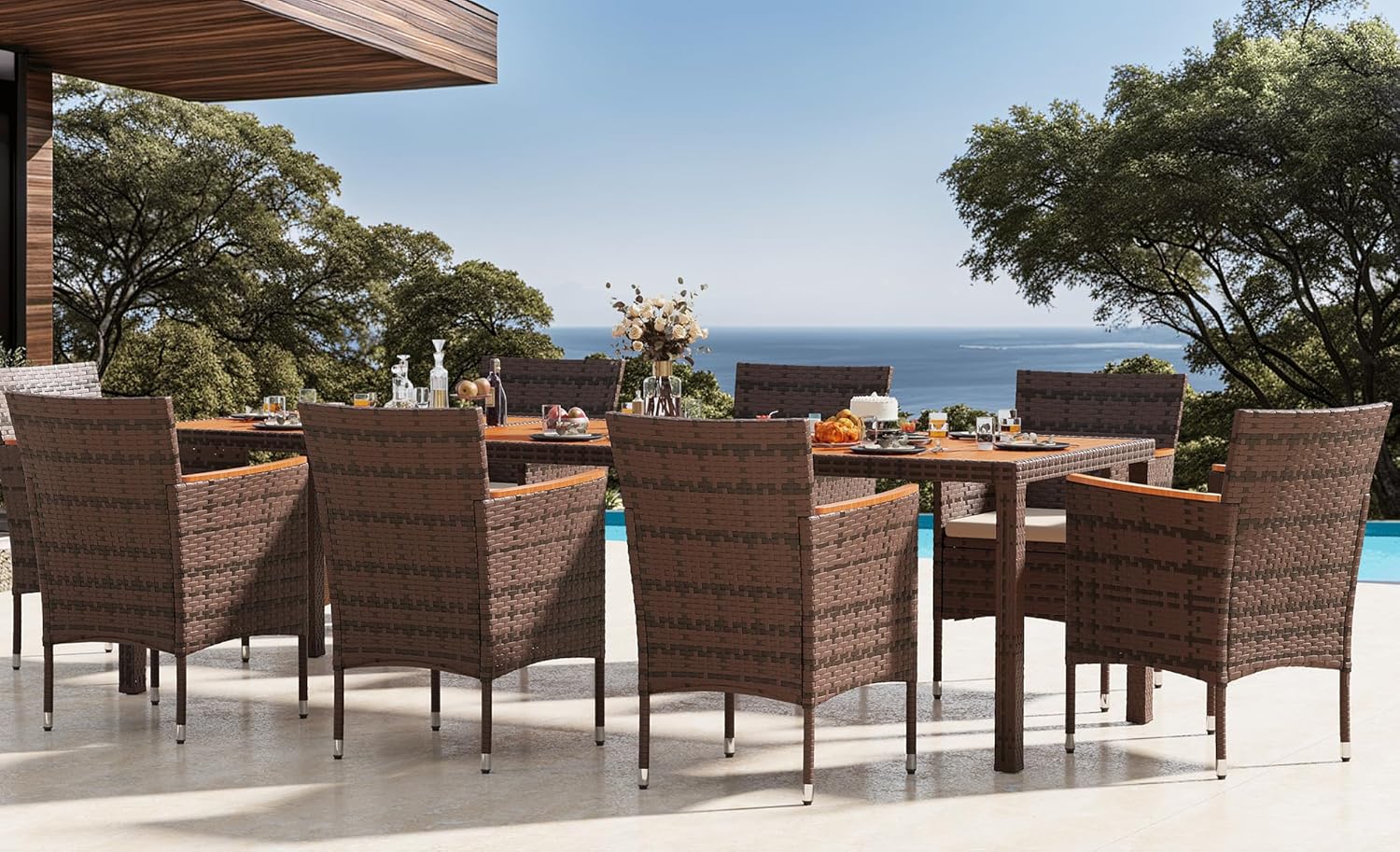 Devoko Dining 7 PCS Furniture Patio Conversation Set with Acacia Wood Table Top Rattan Outdoor