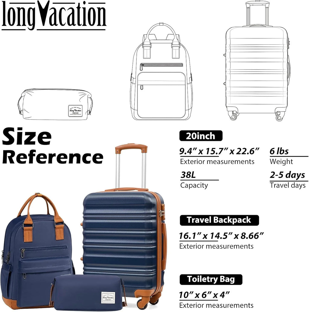 LONG VACATION 6 Piece Luggage Set Carry on Suitcase with ABS+PC hardshell, Spinner Wheels & YKK Zipper TSA Lock