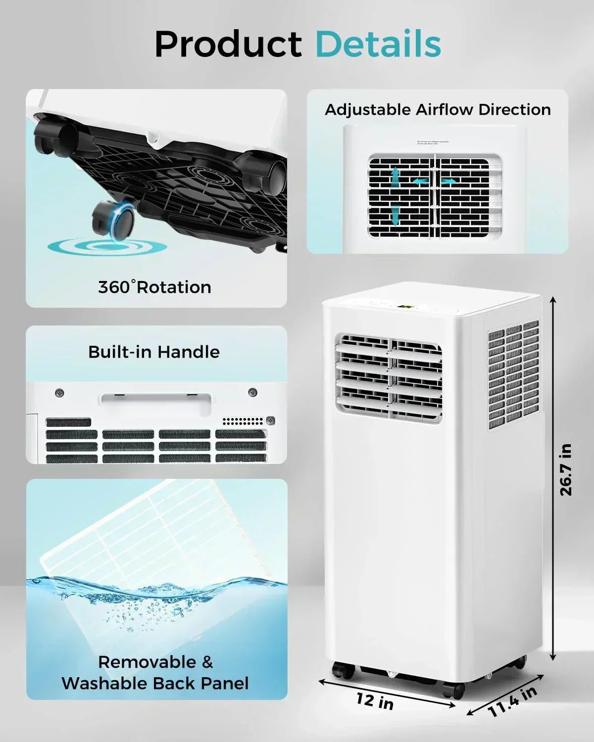 8,000 BTU Portable Air Conditioner 3-in-1 AC Unit with Remote Control Ultra-Quiet Cooling for Rooms