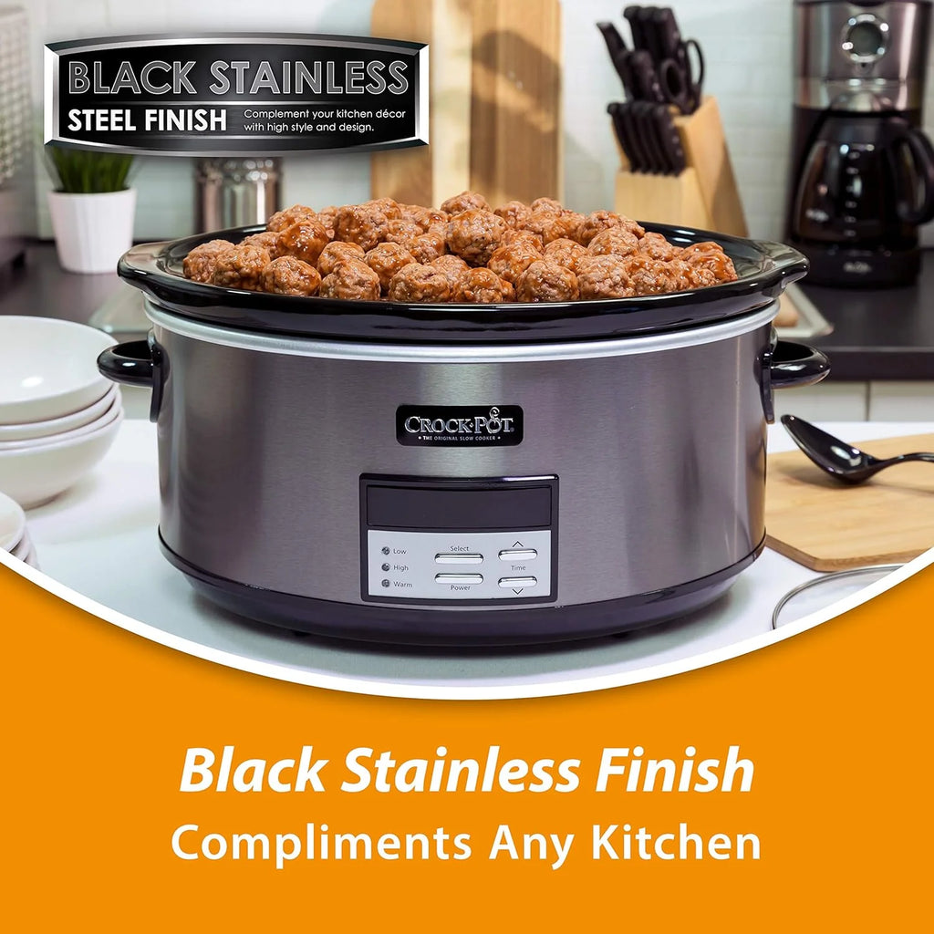 Large 8-Quart Programmable Slow Cooker with Auto Warm Setting Black Stainless Steel