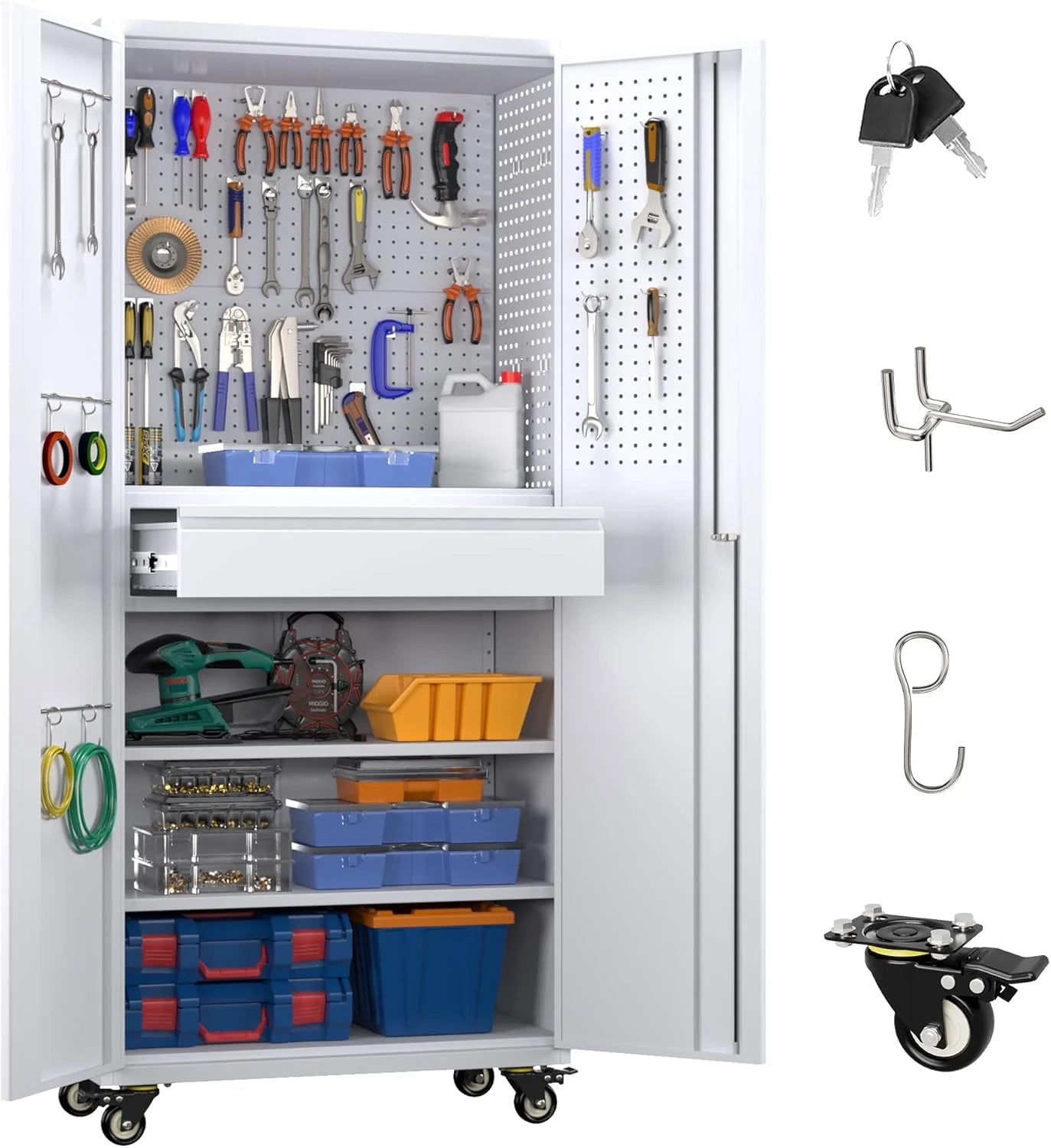 Metal Storage Cabinet with Pegboard 71'' x 34'' x 18'',Lockable Steel Storage Cabinet with 5 Adjustable Shelves and Door for Garage, Office, Kitchen, Assembly Required(Black)