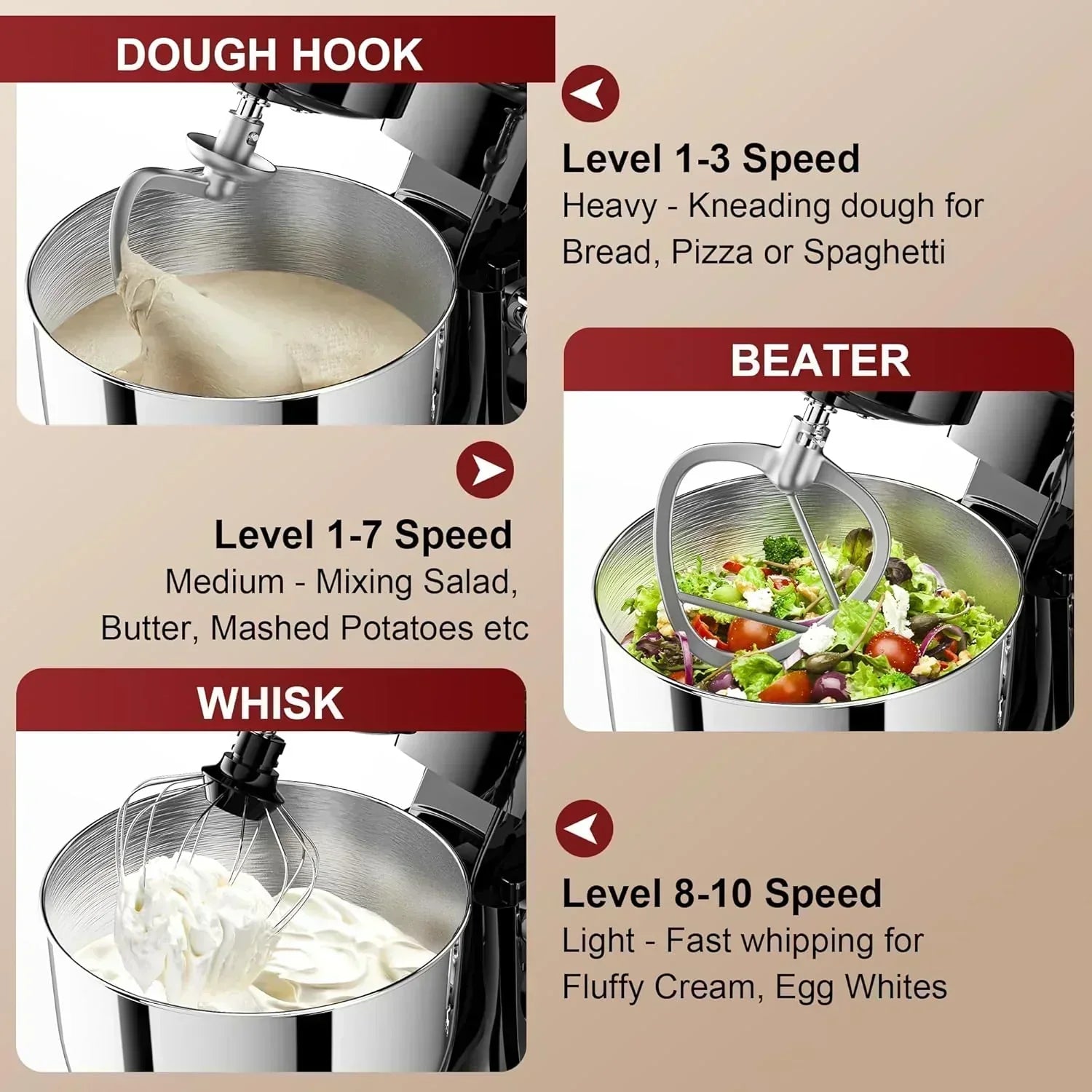 10-Speed Stand Mixer with 8-in-1 Splash Guard Tilt Head 6-Quart Stainless Steel Bowl