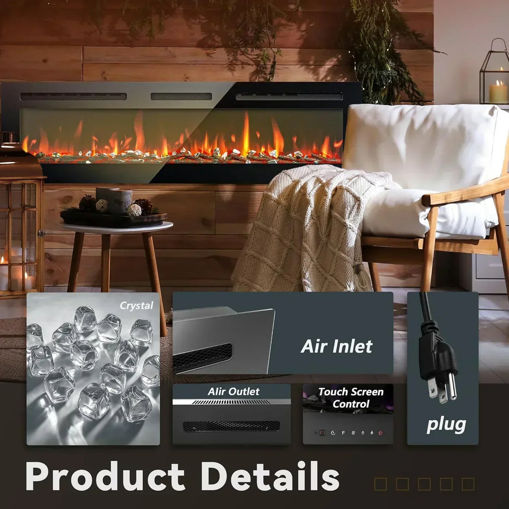 EUHOMY 50 Inch Electric Fireplace Wall Recessed Adjustable Flame Color Fireplace Heater
