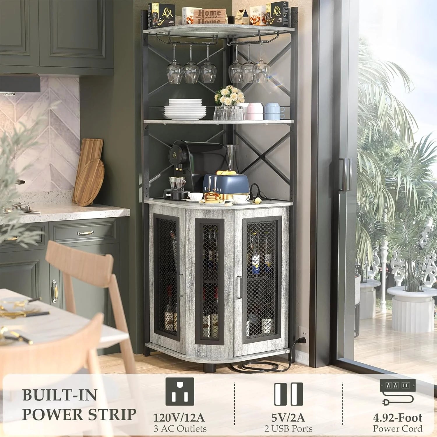 Corner bar cabinet with power socket, industrial style wine cabinet with LED light strip and glass rack, home five-layer wine cabinet bar unit, small space corner display cabinet