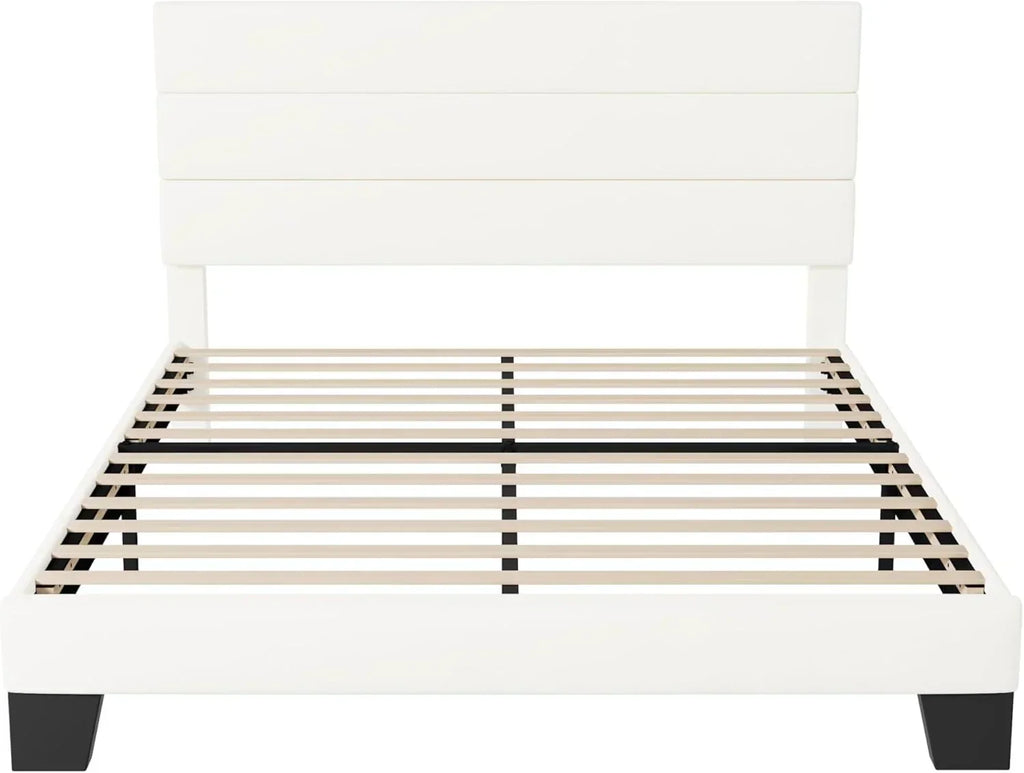 Allewie King size platform bed frame with velvet upholstered headboard and planks