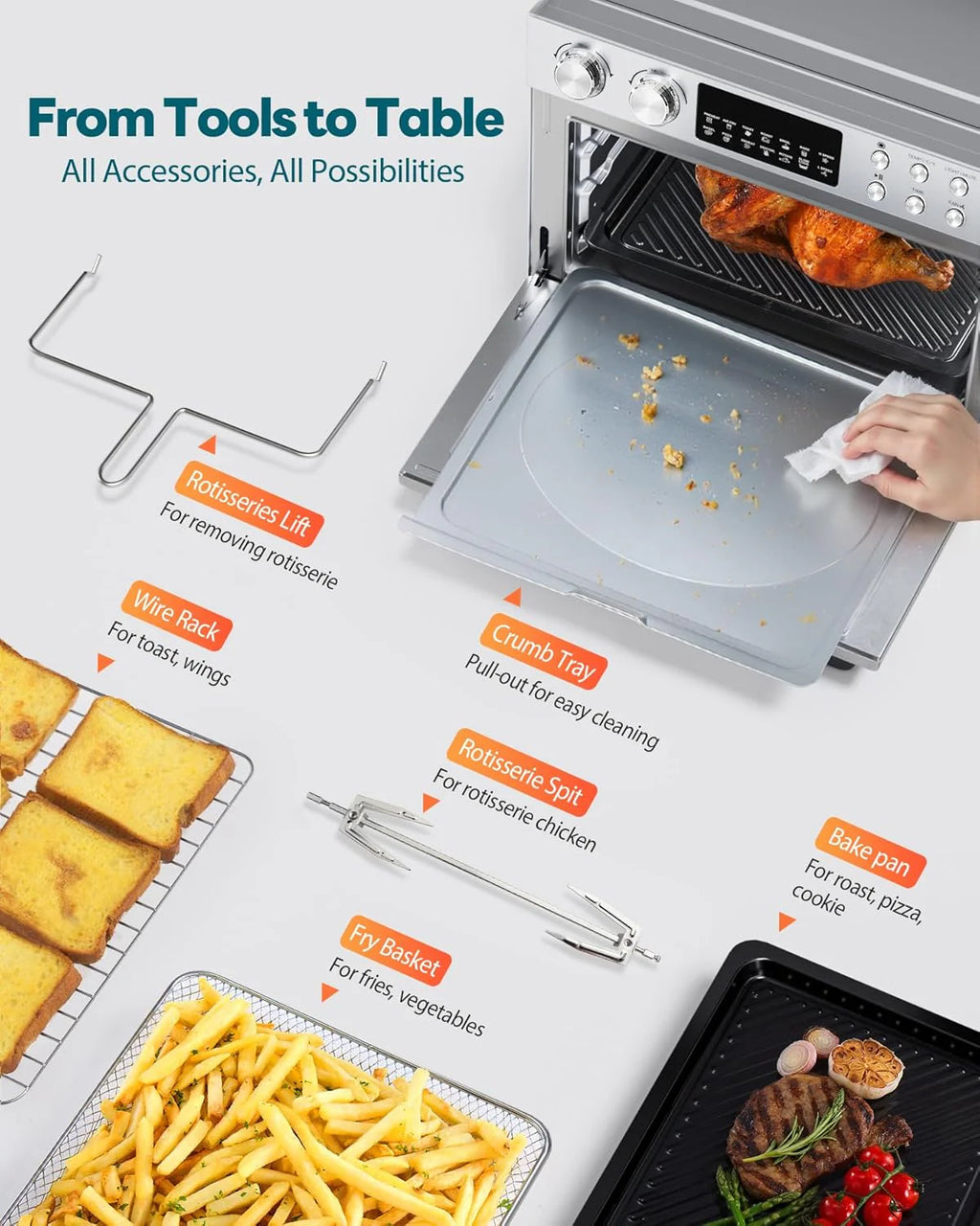 28QT Air Fryer Toaster Oven Combo, Large 12-in-1 Convection Countertop Oven with 3-Layer Cooking, Rotisserie for Chicken, 6 Heating Tubes, Fast Preheat, Fits 11 Pizza, Full Accessories, Sparkle Black