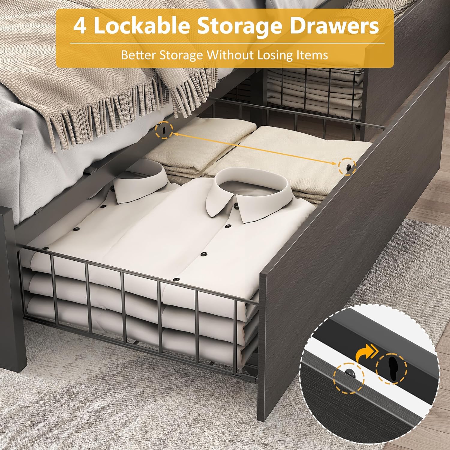 Lifezone Queen Bed Frame with 2-Tier Storage Headboard, Metal Platform Bed Frame with 4 Storage Drawers, Built in Charging Station & LED, Noise-Free/Metal Support/No Box Spring Needed