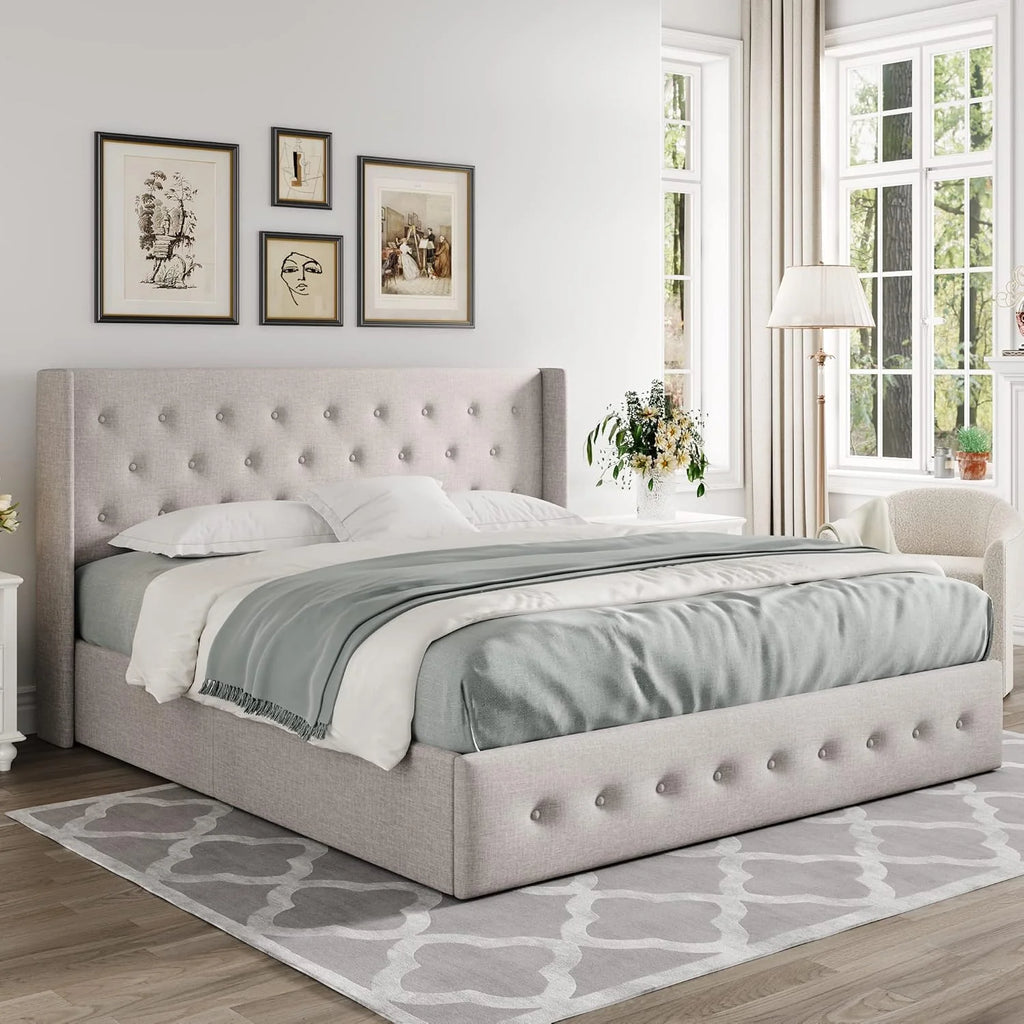 Allewie Queen Size Lift Up Storage Bed Modern Wingback Headboard Hydraulic Support