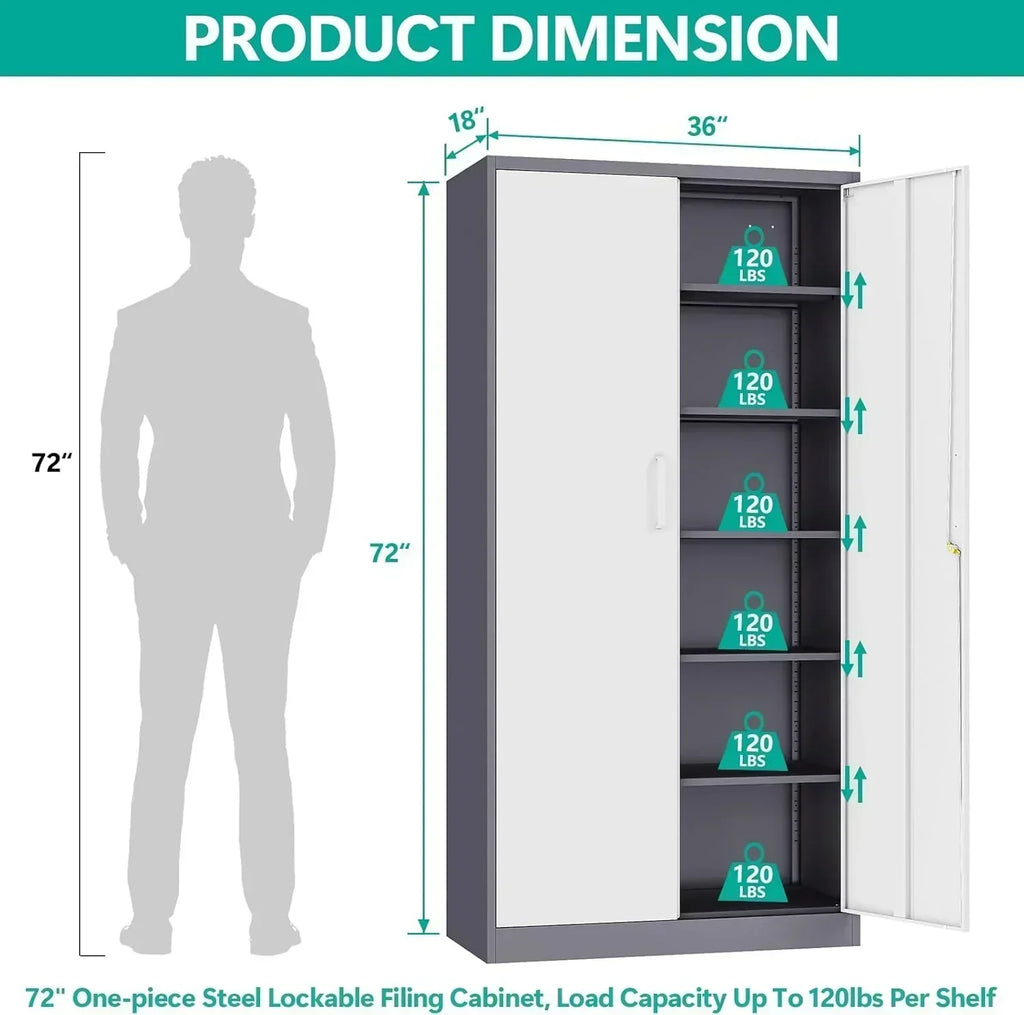 Metal Storage Cabinet with 2 Doors and 6 Shelves Black Metal Cabinet Garage Storage Cabinet