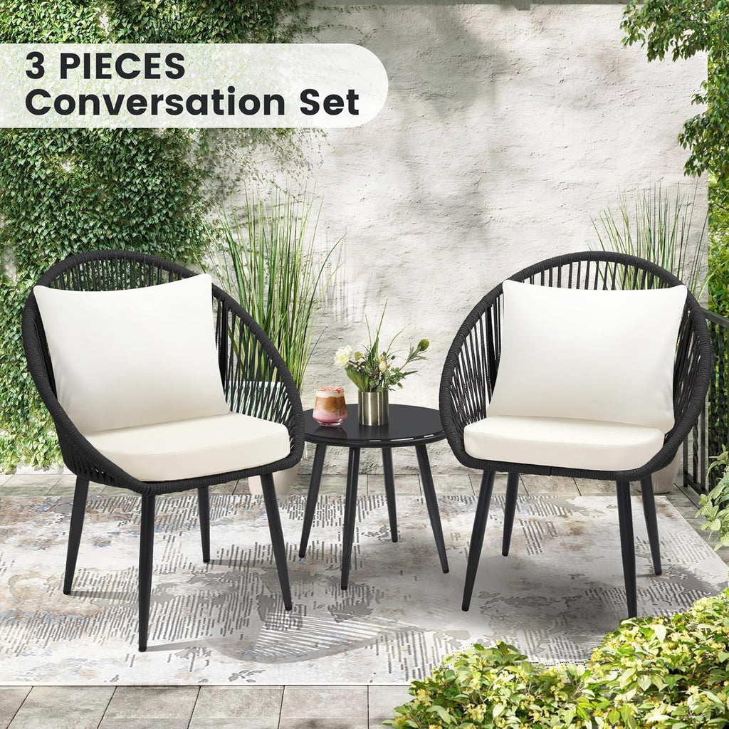 3 Piece Bistro Set Woven Rope Chair with Cushions All Weather Patio Conversation Set Side Table