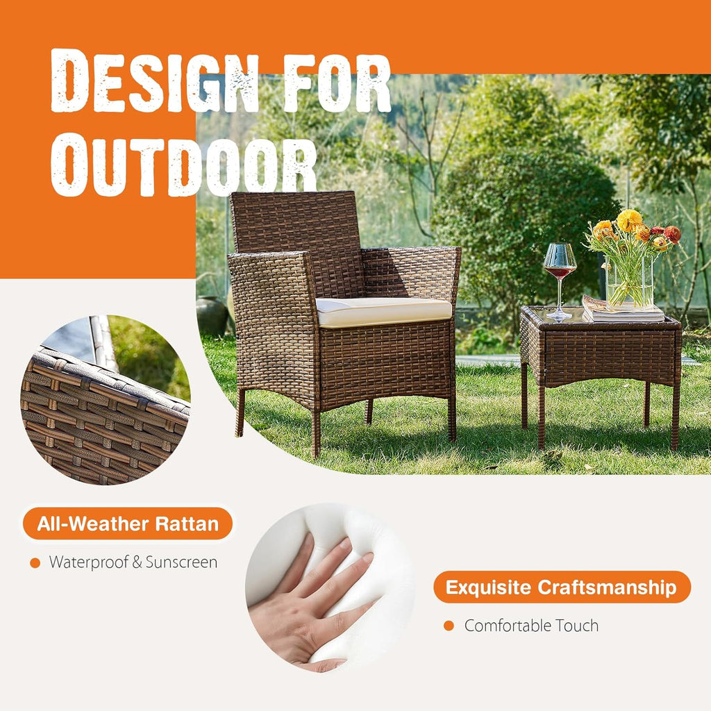 Sweetcripy Patio Furniture Set 3 Pieces Outdoor Furniture with Soft Cushion and Glass Table