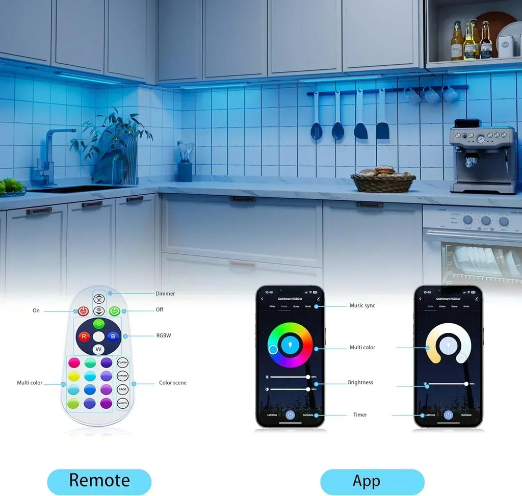 Smart under-cabinet lighting strip white and color-changing dimmable