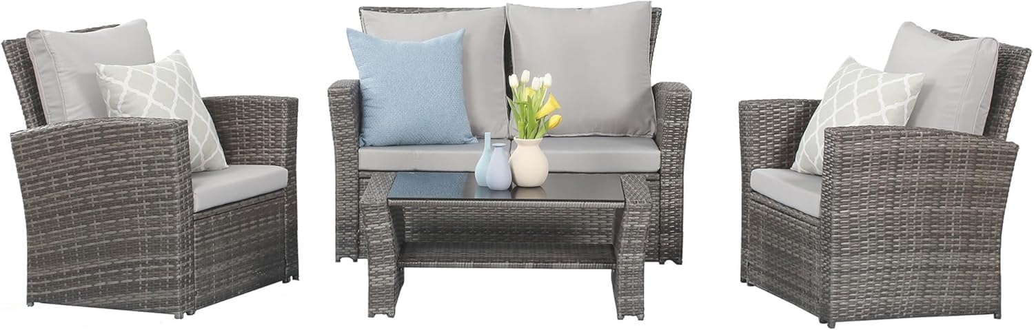 Wisteria Lane 4 Piece Patio Furniture Set, Wicker Outdoor Patio Conversation Furniture Set, All Weather Outdoor Patio Sofa with Cushion and Glass Table, Navy Blue