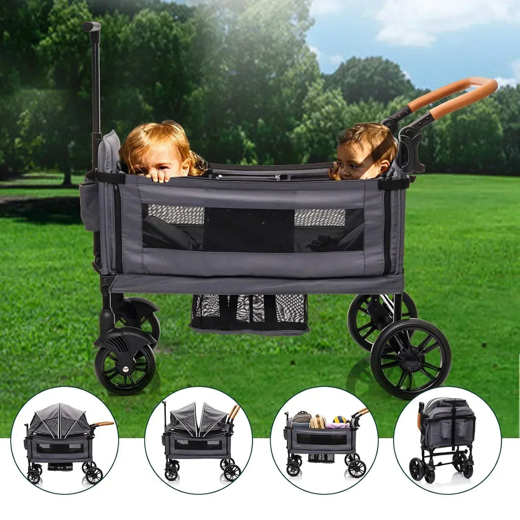 Wagon Stroller for 2 Kids Cargo-Travel Stroller Push-Pull Double Wagon Lightweight Folding Stroller