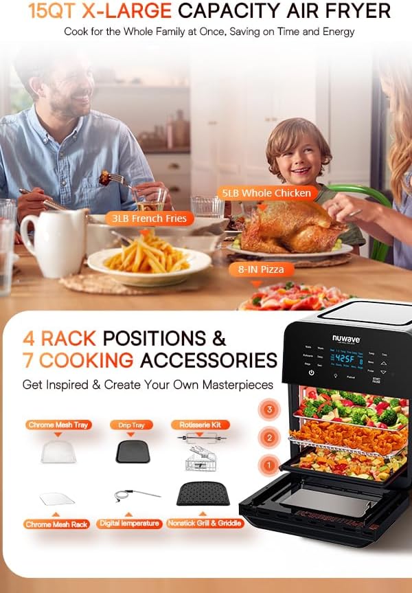 Nuwave Brio 15.5Qt Air Fryer & Broiler with 50°-425°F Temperature Control, 100 Presets and 50 Memory, Integrated Smart Thermometer, and Linear T Technology